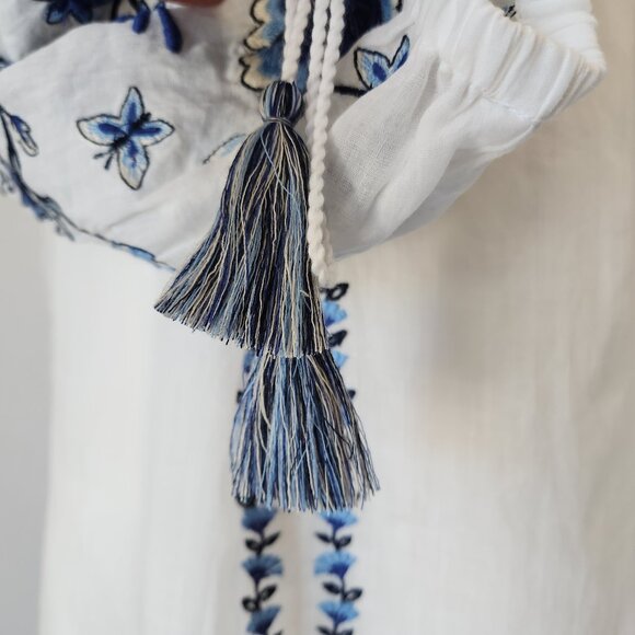 Sundance Chinoiserie Floral Bird Embroidered Boho Top Puff-Sleeve White Blue - Picture 5 of 13